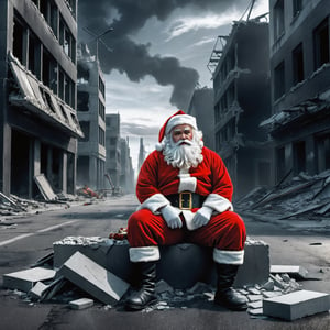 Dark fantasy artwork of sad Santa Claus sitting in a destroyed city street after an nuclear blast 