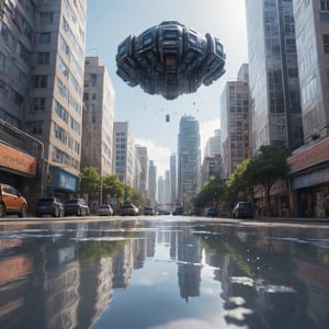 Detailed   photo of a giant pixel floating  in the air ,in a cyberpunk city, natural light, reflective puddles 