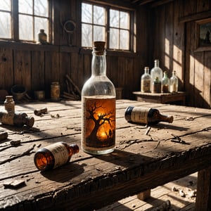 closeup photo,diorama,post apocalyptic inside a bottle, sitting on an old oak table in a dusty room, natural light , raytracing