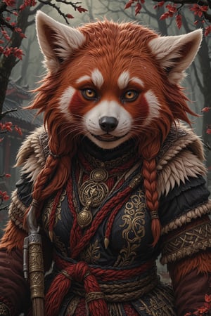 Epic ukiyoe artwork insane details of an red panda in a nordic outfit dark fantasy style