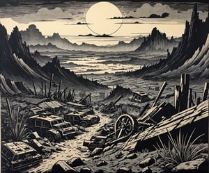 ukyoe woodblock drawing of an post apocalyptic landscape after ww3