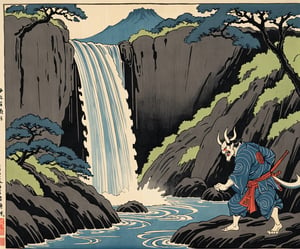 ukyoe woodblock drawing of an oni near a waterfall near cherrytrees