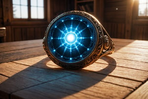 closeup , photo,the whole universum in a stylistic ring laying on a wooden table, epic light, glowing