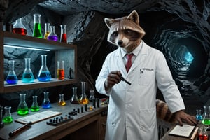 A mad scientist anthro raccoon in a tiny lab coat, conducting bizarre experiments with beakers and test tubes in a secret lab hidden inside a cave Ultra realistic, professional photo, uhd, 8k