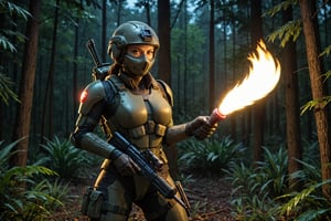 Photo of a cyberpunk soldier women holding ared flair torch at night in a forest,  wearing combat helmet, natural light, epic Pose 