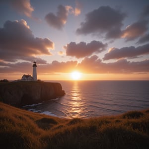 Epic photorealistic photo insane details, of an sunrise over a coast line, a lighthouse is in the picture 