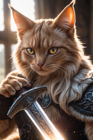 closeup photo,  viking cat holding a glowing viking sword, natural light