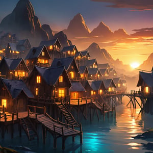 Closeup Artwork of a futuristic fantasy Fisher village , epic sunrise, epic lights