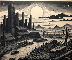 ukyoe woodblock drawing of an post apocalyptic landscape after ww3