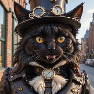 Closeup Photo of an,cat, realistic black fluffy fur, detailed fangs, wearing steampunk outfit, steampunk city, natural light