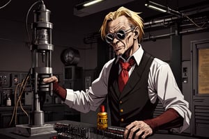 hellsing style, anime , ((comic)), a mad scientist is generating ,a machine, demonic ritual