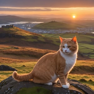 Photo, a cat on a hill Is watching the sunrise offer a beautiful, Scottish landscape 