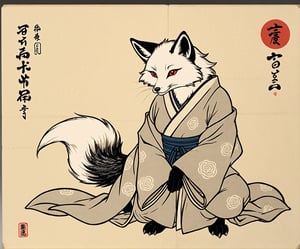 ukyoe woodblock drawing of an furry fox yokai female