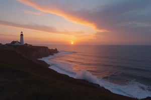 Epic photorealistic photo insane details, of an sunrise over a coast line, a lighthouse is in the picture 