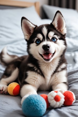  a cute husky puppy playing with a toy while lying on the bed