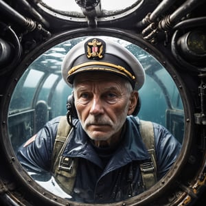 Closeup photo, old marine sailor,inside a submarine, half flooded, reflecting surfaces, Natural light 