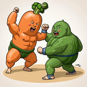 Artwork drawing,A carrot fighting a cucumber in a sumo wrestling match 
