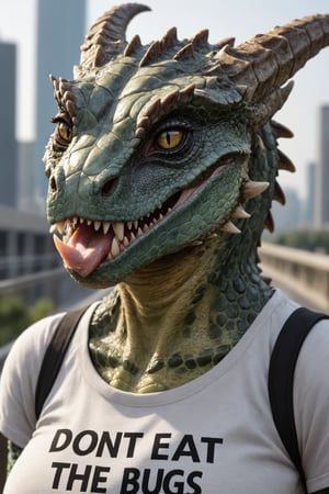 closeup photo, argonian  female,  detailed face, curled horns, realistic scales, fangs, tounge out , city background, wearing shirt, text: dont eat the bugs, natural light