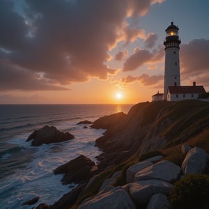 Epic photorealistic photo insane details, of an sunrise over a coast line, a lighthouse is in the picture 