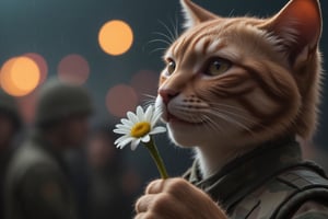 closeup photo,Ginger cat ,give a soldier a white flower,peace sign, in the rain firelight, detailed textures, whimsical, cinematic. advntr