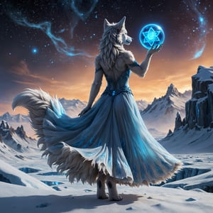 style-sylvamagic, full body, solo focus, soft focus, detailed fur, low-angle, blue aurora borealis, night, rear view, anthro wolf, voluminous mane, casting magic, blue glyphs, glowing runes, (glowing blue orb:1.3), looking up in the sky, detailed face, (detailed expressive bright blue eyes, glowing eyes), smile, ethereal, blue fur, long fluffy tail, blue eyes, claws, long white dress, see-through fabric, detailed background, amazing background, game cg, outside, frozen wasteland