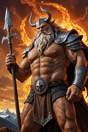 closeup photo, odin on ragnarök , standing breve in epic pose, burning sky above him, epic light