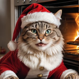 detailed close up photo of a happy santa claus cat near a warm oven 