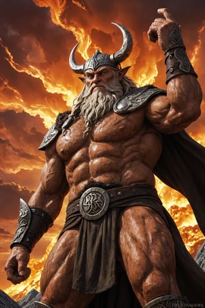 closeup photo, odin on ragnarök , standing breve in epic pose, burning sky above him, epic light