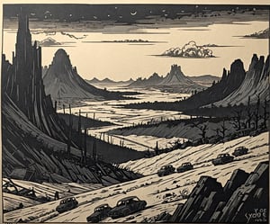 ukyoe woodblock drawing of an post apocalyptic landscape after ww3