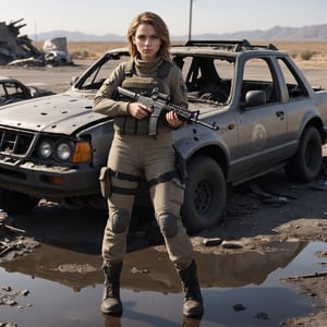 an epic picture of a postapocaliptic woman, wearing solder outfit , holding a gun leaning on a destroyed car, natural light , reflective puddles