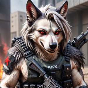 Detailed close up photo of hellhound male warzone wearing full body bullet proof west and soldier gear, holding an ak47