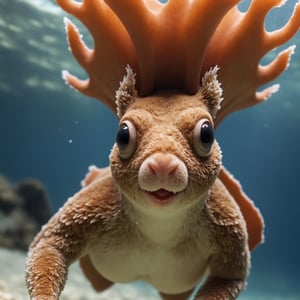 Photo, detailed, closeup of an corall  shaped like a squirell , under water, natural light