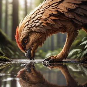 Closeup photo of a anthro , Griffin, detailed feather, reflecting puddles, natural light, forest 
