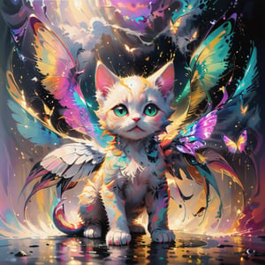 Beautiful colorful kitten with beautiful wings, the kitten has a pose ready to start flight,  evocative atmosphere, magnetic presence, refined seduction, captivating mystique
