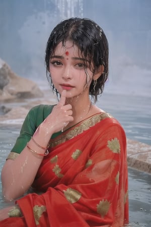 wet hair,SoakingWetClothes,  ((wet clothes, wet hair, bathing in water, face focused, skin pores, blouse, saree , detail face, )),wet hair,girl wearing indian saree,aliabhatt,SoakingWetClothes