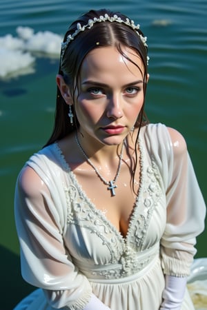 (Wet clothes,  wet hair,  wet skin:1.2) .

a medium-angle shot captures a woman in a white communion  dress with wet embroidery shawl, adorned with a cross necklace and earrings. The woman's wet dress is adorned with white gloves, adding a touch of touch to her outfit. Her wet hair is pulled back, cascading over her shoulders, framing her face. Her eyes are a deep blue, and her lips are pursed. The backdrop is a deep, blue-green, with a few white clouds floating in the water.

nt.,Wet,covered in oil,covered in mud,wam,wet clothes,pouring oil,wetlook,pouring oil,Fetishwet,Enhanced all,Wetfetish