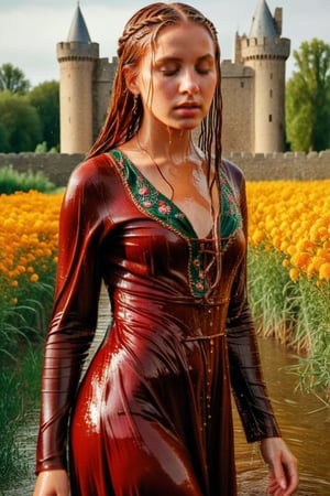 (wet clothes, wet hair, wet, wet face, wet skin,  : 1.4 ),(A photo of a young soaking wet woman wearing a traditional, elaborate wet gown with rich details and vibrant colors. The wet gown is a deep red color and is adorned with gold and dark green embroidery patterns. The wet woman has long, red-blonde wet hair styled in thick braids that drape over her shoulders. She is standing in a field of tall, golden flowers. The background contains a castle with tall, thin towers. The overall image has a soft, warm hue. Her hair, skin, and clothes are wet. She has shampoo on her hair and soap all over her body.
.
, soakingwetclothes, wet clothes, wet hair,photorealistic,georgian gown