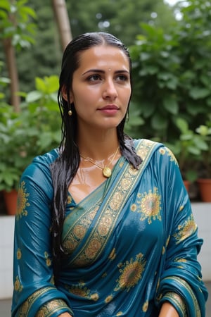 (wet clothes, wet hair, wet, wet face, wet skin, slimy hair , slimy shawl, smily skin,wet slimed clothes cling to skin, slime shiny : 1.4 ) A soaking wet woman, adorned in traditional attire, standing outdoors amidst greenery. She is wrapped in a very very wet soaked richly patterned, blue saree with intricate golden motifs. The saree has geometric designs, floral patterns, and other detailed artwork. The woman is also wearing a gold necklace, and her soaked hair is neatly tied up in a bun. The background consists of trees and foliage, suggesting a serene and natural setting. Her hair skin clothes are wet . She has shampoo on her hair and soap all over her body. natural, volumetric lighting, 4K, RAW, masterpiece
 , , oil cascading clothes and skin, close-up portrait, white tiles background
.
, soakingwetclothes, wet clothes, wet hair, Visual Anime,art_booster,anime_screencap,fake_screenshot,anime coloring,Wet,covered in oil,covered in mud,wam,pouring oil,wetlook,pouring oil,Fetishwet