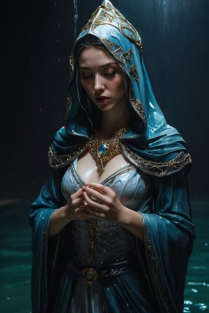 3D artwork, upper body shot represesenting a female young caracter. High elven hat shaped as a white seashell, mantle, shining silver jewels. (Majestic pose:1.4), (hieratic expression:1.6), emerging from the darkness in the style of Rembrandt. The caracter wears a white and (teal:0.8) large luxury dress. The character is illuminated from the side by a dark golden light. Marine vibes. Vibrant colors. The background is a black gothic cathedral interior dimly lit by moonlight. UHD, high resolution, 8k, (wet clothes, wet hair, wet, wet face, wet skin, 1girl, making out, in water, draped in shawl : 1.2),soakingwetclothes