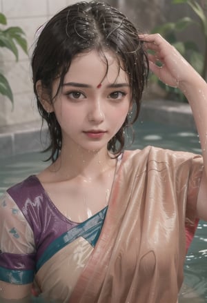 wet hair,SoakingWetClothes,  ((wet clothes, wet hair, bathing in water, face focused, skin pores, blouse, saree , detail face, )),wet hair,girl wearing indian saree,aliabhatt,SoakingWetClothes