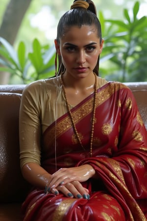 (wet clothes, wet hair, wet, wet face, wet skin, slimy hair , slimy saree, smily skin,wet slimed clothes cling to skin, slime shiny : 1.4 ) A soaking wet woman, adorned in traditional attire, sitting indoor amidst living room. She is wrapped in a very very wet soaked richly patterned, saree with intricate golden motifs. The saree has geometric designs, floral patterns, and other detailed artwork. The woman is also wearing a gold necklace, and her soaked hair is neatly tied up in a bun. Long sleeve . The background consists of trees and foliage, suggesting a serene and natural setting. Her hair skin clothes are wet . She has shampoo on her hair and soap all over her body. natural, volumetric lighting, 4K, RAW, masterpiece
 , , oil cascading clothes and skin, close-up portrait, white tiles background
.
, soakingwetclothes, wet clothes, wet hair, Visual Anime,art_booster,anime_screencap,fake_screenshot,anime coloring,Wet,covered in oil,covered in mud,wam,pouring oil,wetlook,pouring oil,Fetishwet