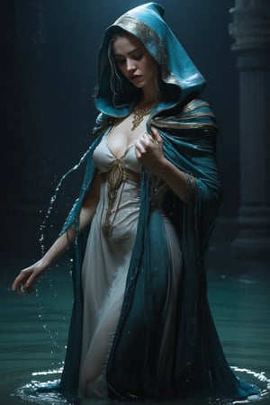 3D artwork, upper body shot represesenting a female young caracter. High elven hat shaped as a white seashell, mantle, shining silver jewels. (Majestic pose:1.4), (hieratic expression:1.6), emerging from the darkness in the style of Rembrandt. The caracter wears a white and (teal:0.8) large luxury dress. The character is illuminated from the side by a dark golden light. Marine vibes. Vibrant colors. The background is a black gothic cathedral interior dimly lit by moonlight. UHD, high resolution, 8k, (wet clothes, wet hair, wet, wet face, wet skin, 1girl, making out, in water, draped in shawl : 1.2),soakingwetclothes