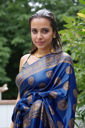 (wet clothes, wet hair, wet, wet face, wet skin, slimy hair , slimy shawl, smily skin,wet slimed clothes cling to skin, slime shiny : 1.4 ) A soaking wet woman, adorned in traditional attire, standing outdoors amidst greenery. She is wrapped in a very very wet soaked richly patterned, blue saree with intricate golden motifs. The saree has geometric designs, floral patterns, and other detailed artwork. The woman is also wearing a gold necklace, and her soaked hair is neatly tied up in a bun. The background consists of trees and foliage, suggesting a serene and natural setting. Her hair skin clothes are wet . She has shampoo on her hair and soap all over her body. natural, volumetric lighting, 4K, RAW, masterpiece
 , , oil cascading clothes and skin, close-up portrait, white tiles background
.
, soakingwetclothes, wet clothes, wet hair, Visual Anime,art_booster,anime_screencap,fake_screenshot,anime coloring,Wet,covered in oil,covered in mud,wam,pouring oil,wetlook,pouring oil,Fetishwet