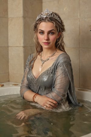 An exquisite masterpiece by Greg Rutkowski: a stunning wet anime female donning a medieval noble smile standing amidst an opulent bathroom setting. Soft, wet hair cascades down her wet porcelain skin as she gazes up at the camera, wet shawl wrapped elegantly around her shoulders. White tiles glisten beneath her, reflecting the subtle play of watercolor hues on her wet Victorian ballgown-clad form. Intricate details abound: delicate jewelry sparkles against her soaking-wet skin, while a tiara adorns her regal coiffure. The scene is bathed in warm, golden light, with the subject's face focused as she basks in the serenity of this majestic moment.,soakingwetclothes, ((heavy rain, beautiful faces, soakingwetclothes, saree, shawl,  wet clothes, wet hair, wet skin, tiara, jewelry, clothes cling to skin, bracelet, necklace, watch, submerged in tub:1.3)),Pakistani dress