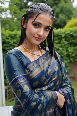 (wet clothes, wet hair, wet, wet face, wet skin, slimy hair , slimy shawl, smily skin,wet slimed clothes cling to skin, slime shiny : 1.4 ) A soaking wet woman, adorned in traditional attire, standing outdoors amidst greenery. She is wrapped in a very very wet soaked richly patterned, blue saree with intricate golden motifs. The saree has geometric designs, floral patterns, and other detailed artwork. The woman is also wearing a gold necklace, and her soaked hair is neatly tied up in a bun. The background consists of trees and foliage, suggesting a serene and natural setting. Her hair skin clothes are wet . She has shampoo on her hair and soap all over her body. natural, volumetric lighting, 4K, RAW, masterpiece
 , , oil cascading clothes and skin, close-up portrait, white tiles background
.
, soakingwetclothes, wet clothes, wet hair, Visual Anime,art_booster,anime_screencap,fake_screenshot,anime coloring,Wet,covered in oil,covered in mud,wam,pouring oil,wetlook,pouring oil,Fetishwet