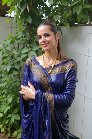 (wet clothes, wet hair, wet, wet face, wet skin, slimy hair , slimy shawl, smily skin,wet slimed clothes cling to skin, slime shiny : 1.4 ) A soaking wet woman, adorned in traditional attire, standing outdoors amidst greenery. She is wrapped in a very very wet soaked richly patterned, blue saree with intricate golden motifs. The saree has geometric designs, floral patterns, and other detailed artwork. The woman is also wearing a gold necklace, and her soaked hair is neatly tied up in a bun. The background consists of trees and foliage, suggesting a serene and natural setting. Her hair skin clothes are wet . She has shampoo on her hair and soap all over her body. natural, volumetric lighting, 4K, RAW, masterpiece
 , , oil cascading clothes and skin, close-up portrait, white tiles background
.
, soakingwetclothes, wet clothes, wet hair, Visual Anime,art_booster,anime_screencap,fake_screenshot,anime coloring,Wet,covered in oil,covered in mud,wam,pouring oil,wetlook,pouring oil,Fetishwet