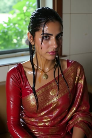 (wet clothes, wet hair, wet, wet face, wet skin, slimy hair , slimy saree, smily skin,wet slimed clothes cling to skin, slime shiny : 1.4 ) A soaking wet woman, adorned in traditional attire, sitting indoor amidst living room. She is wrapped in a very very wet soaked richly patterned, saree with intricate golden motifs. The saree has geometric designs, floral patterns, and other detailed artwork. The woman is also wearing a gold necklace, and her soaked hair is neatly tied up in a bun. Long sleeve . The background consists of trees and foliage, suggesting a serene and natural setting. Her hair skin clothes are wet . She has shampoo on her hair and soap all over her body. natural, volumetric lighting, 4K, RAW, masterpiece
 , , oil cascading clothes and skin, close-up portrait, white tiles background
.
, soakingwetclothes, wet clothes, wet hair, Visual Anime,art_booster,anime_screencap,fake_screenshot,anime coloring,Wet,covered in oil,covered in mud,wam,pouring oil,wetlook,pouring oil,Fetishwet