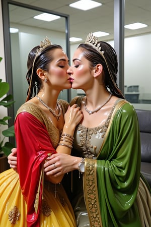 (wet clothes, wet hair, wet, wet face, wet skin,) 2girls, Two beautiful soaking wet Queens are kissing passionately in a modern office wearing beautiful wet  royal grey yellow ballgowns with intricate embroidery design.  They also wears wet green red royal cwet ape with heavy golden design motif. Wetness cascading through their body and clothes. ,soakingwetclothes, ((, beautiful faces, soakingwetclothes, ballgowns, wet ballgowns , wet faces, shawls, wet clothes, wet hair, wet skin, tiara, jewelry, clothes cling to skin, bracelet, necklace, watch :1.3)),Pakistani dress,18thcentury,georgian gown,Fetishwet,Wet,covered in oil,covered in mud,wam,pouring oil,wetlook,pouring oil,Wetfetish,Enhanced all