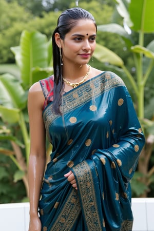 (wet clothes, wet hair, wet, wet face, wet skin, slimy hair , slimy shawl, smily skin,wet slimed clothes cling to skin, slime shiny : 1.4 ) A soaking wet woman, adorned in traditional attire, standing outdoors amidst greenery. She is wrapped in a very very wet soaked richly patterned, blue saree with intricate golden motifs. The saree has geometric designs, floral patterns, and other detailed artwork. The woman is also wearing a gold necklace, and her soaked hair is neatly tied up in a bun. The background consists of trees and foliage, suggesting a serene and natural setting. Her hair skin clothes are wet . She has shampoo on her hair and soap all over her body. natural, volumetric lighting, 4K, RAW, masterpiece
 , , oil cascading clothes and skin, close-up portrait, white tiles background
.
, soakingwetclothes, wet clothes, wet hair, Visual Anime,art_booster,anime_screencap,fake_screenshot,anime coloring,Wet,covered in oil,covered in mud,wam,pouring oil,wetlook,pouring oil,Fetishwet