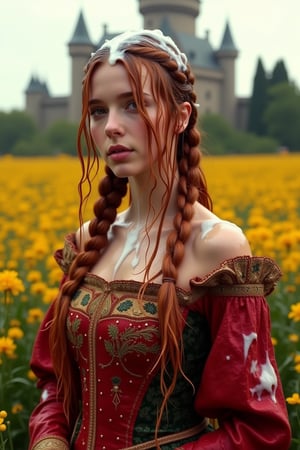 (wet clothes, wet hair, wet, wet face, wet skin,  : 1.4 ),(A photo of a young soaking wet woman wearing a traditional, elaborate wet gown with rich details and vibrant colors. The wet gown is a deep red color and is adorned with gold and dark green embroidery patterns. The wet woman has long, red-blonde wet hair styled in thick braids that drape over her shoulders. She is standing in a field of tall, golden flowers. The background contains a castle with tall, thin towers. The overall image has a soft, warm hue. Her hair, skin, and clothes are wet. She has shampoo on her hair and soap all over her body.
.
, soakingwetclothes, wet clothes, wet hair,photorealistic,georgian gown